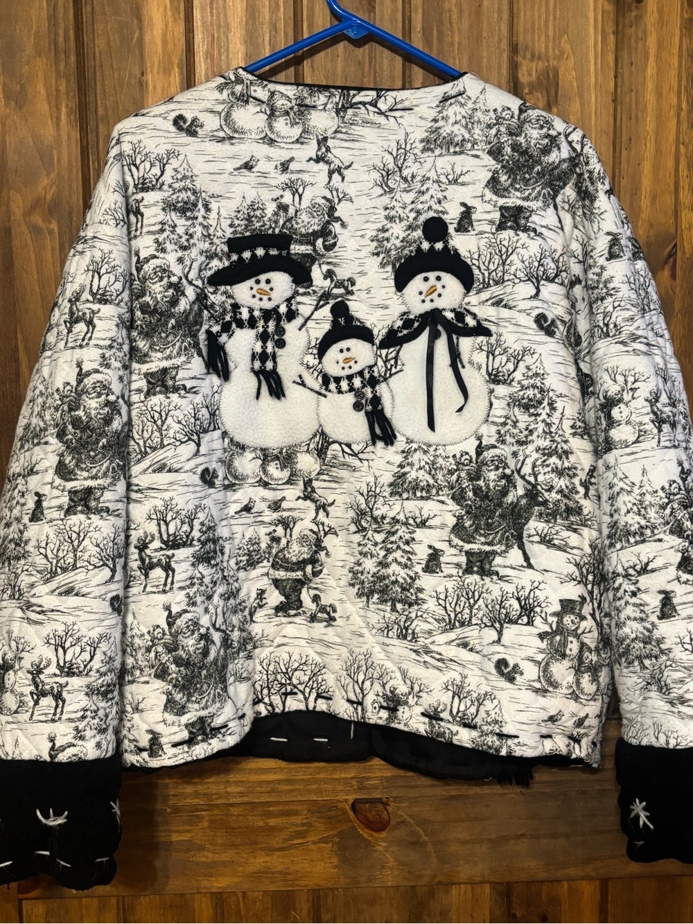 Vintage Quilted Snowman Christmas Jacket Black White Applique Winter Coat L - Picture 6 of 12
